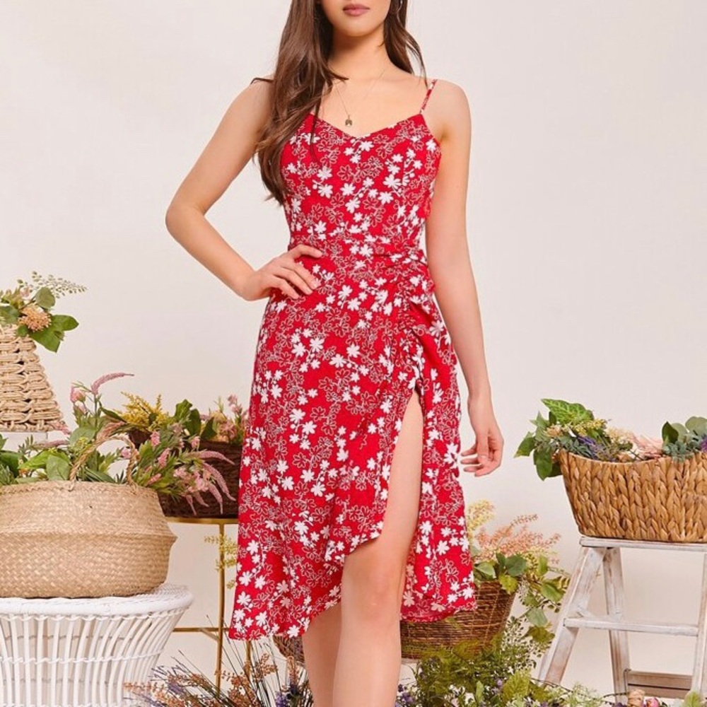 Brand New Red/White Floral Drawstring Summer Dress